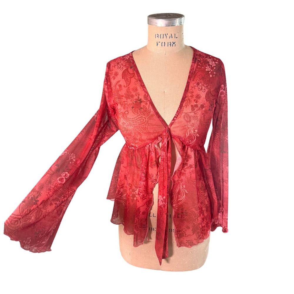 Red Paisley Mesh Tie Front Bell Sleeve Peplum Top Y2K-style  Boho Fairy